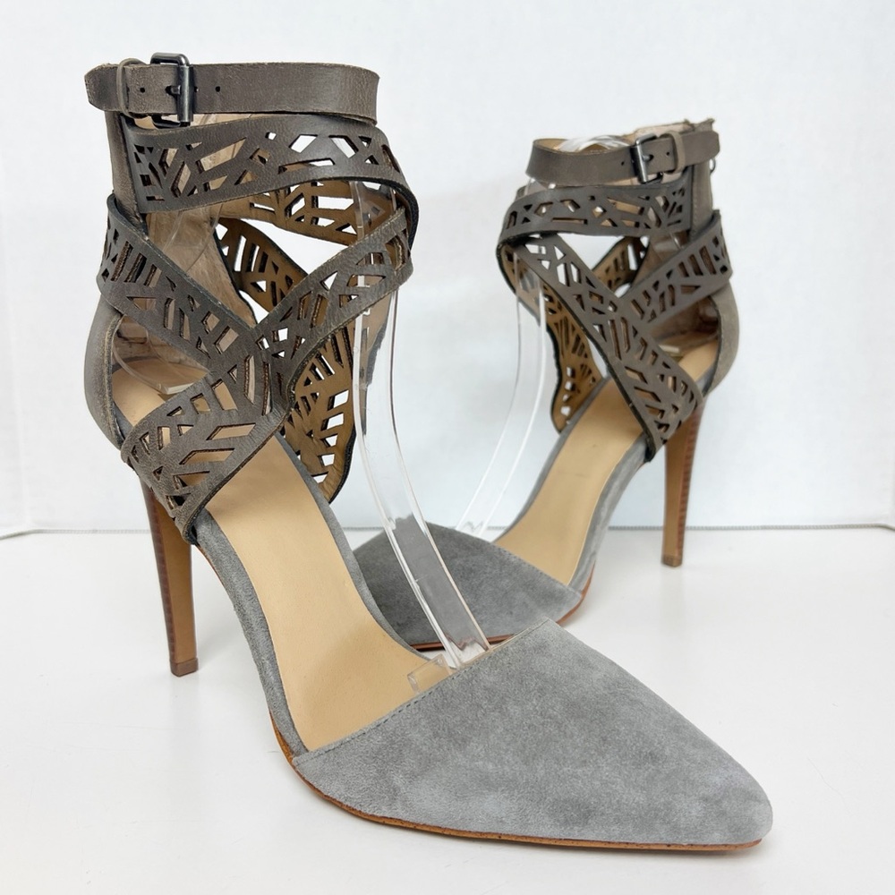 •JOE’S JEANS• Gray Suede Pointed Toe‎ D’Orsay Stiletto Heel Cut Out Detail